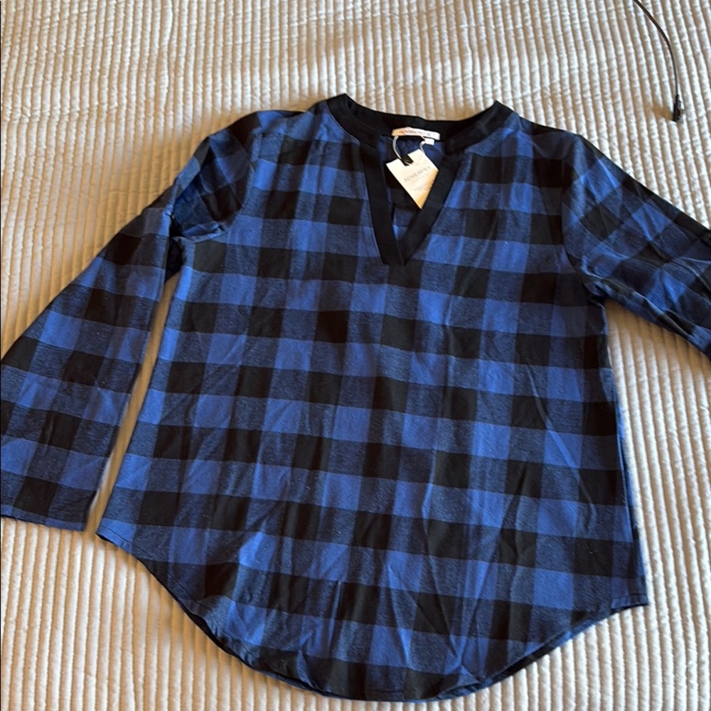 Blue and Black Checkered Tunic with V-Neckline